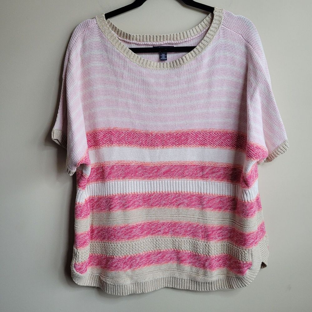 Chaps Womens Sweater Size XL Pink Tan Stripes Knit Short Dolman Sleeves Comfy